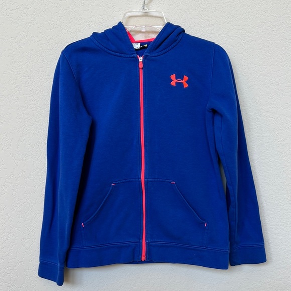 Kids Under Armour hoodie jacket YLG in blue with bright pink details/zipper - Picture 1 of 4